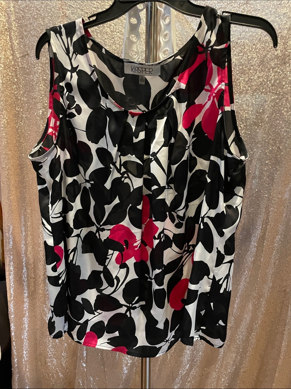 Kasper Black White Pink Floral Shell with Pink Accents